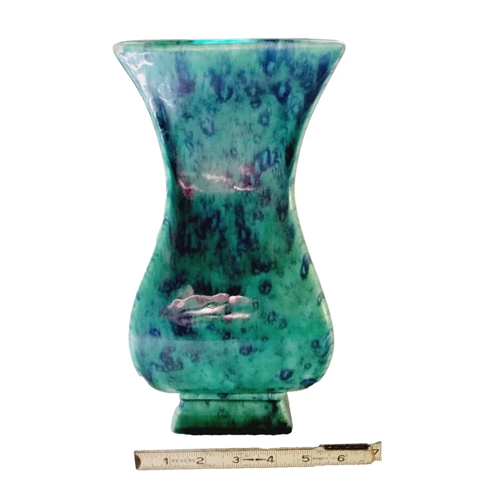 Vintage Haeger Green Blue Floral Square Vase 11” Art Pottery